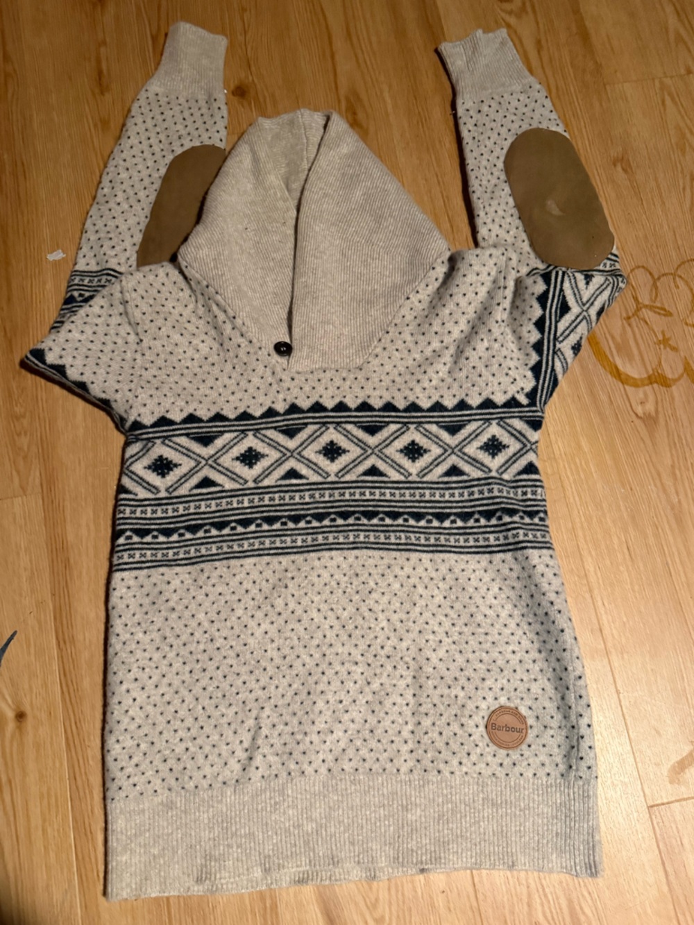 Barbour Cream Hooded Ribbed Knit Pullover with Rust Trim